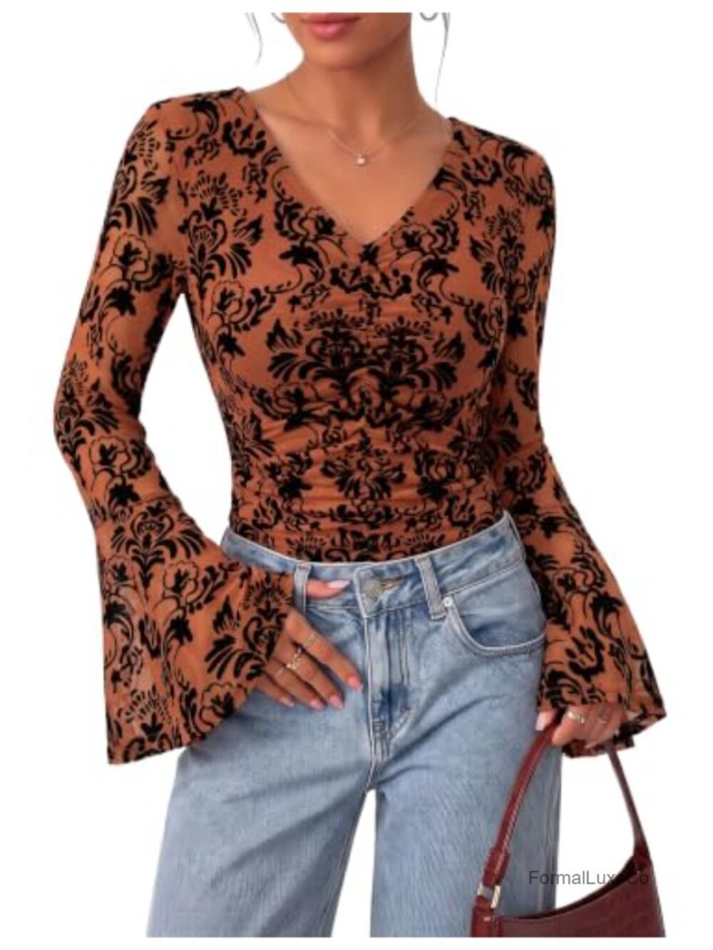 Long Sleeve V Neck Floral Mesh Ruching Blouse for Women Fall Going Out